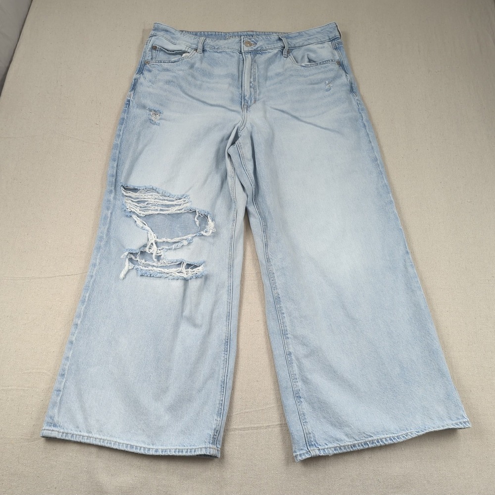 American Eagle Jeans Womens 18 Blue Super High Rise Baggy Wide Leg Distressed